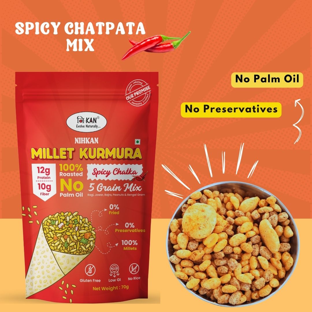NIHKAN Millet Kurmura Murmura Mix - Spicy Chatka | Gluten free high protein Snack - 70g