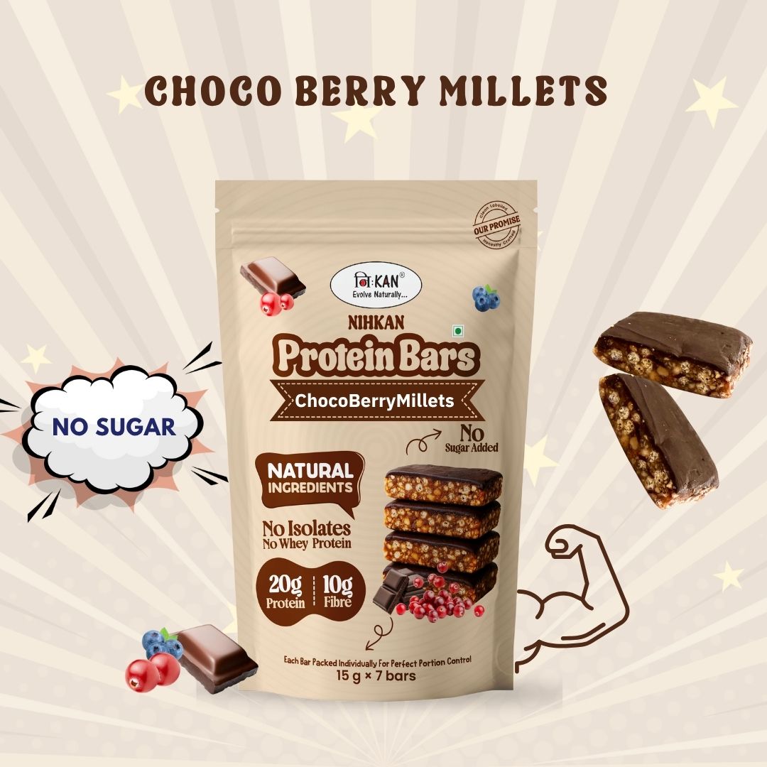 NIHKAN Choco Berry Millets Protein Mini Bars - No Sugar added : 15 g x 7 bites