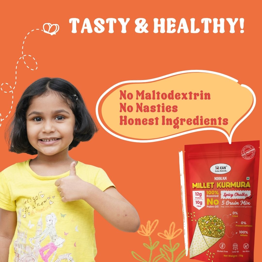 NIHKAN Millet Kurmura Murmura Mix - Spicy Chatka | Gluten free high protein Snack - 70g
