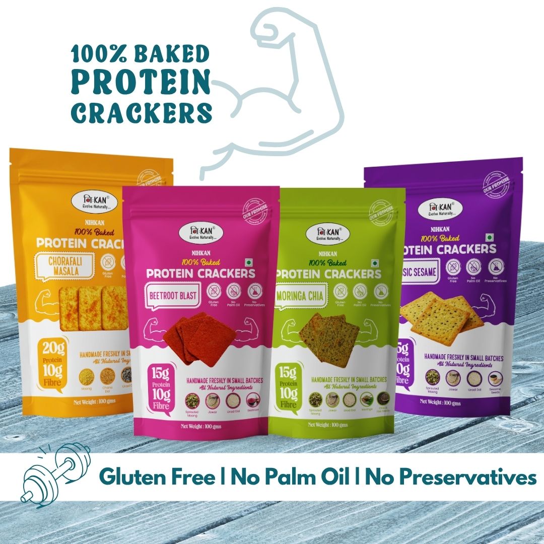 NIHKAN 100% Baked High Protein Crackers Combo - Moringa, Beetroot, Sesame & Chorafali - Pack of 4 (100g each)