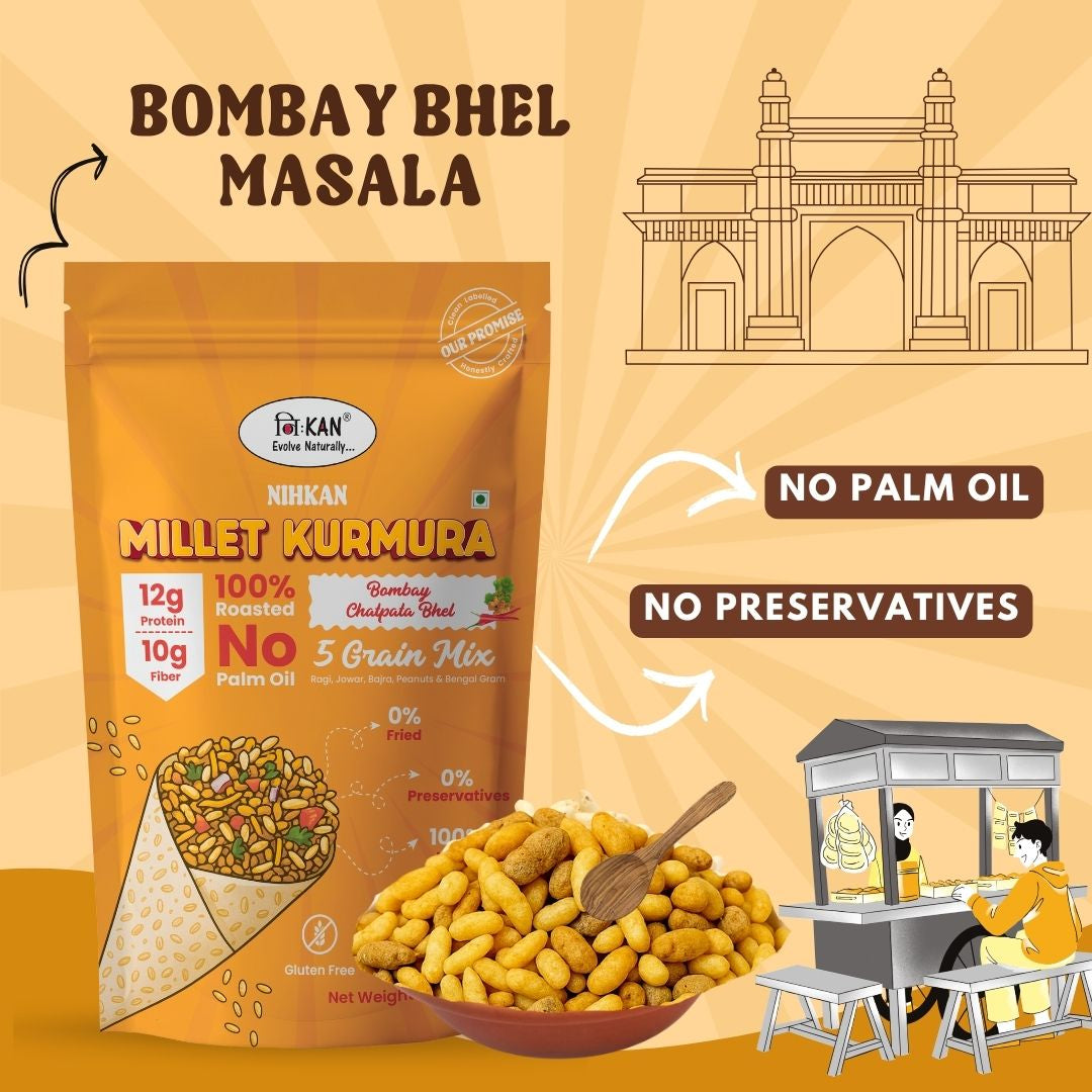 NIHKAN Millet Mix Kurmura Murmura - Bombay Bhel Chatpata | Gluten free high protein Snack - 70g