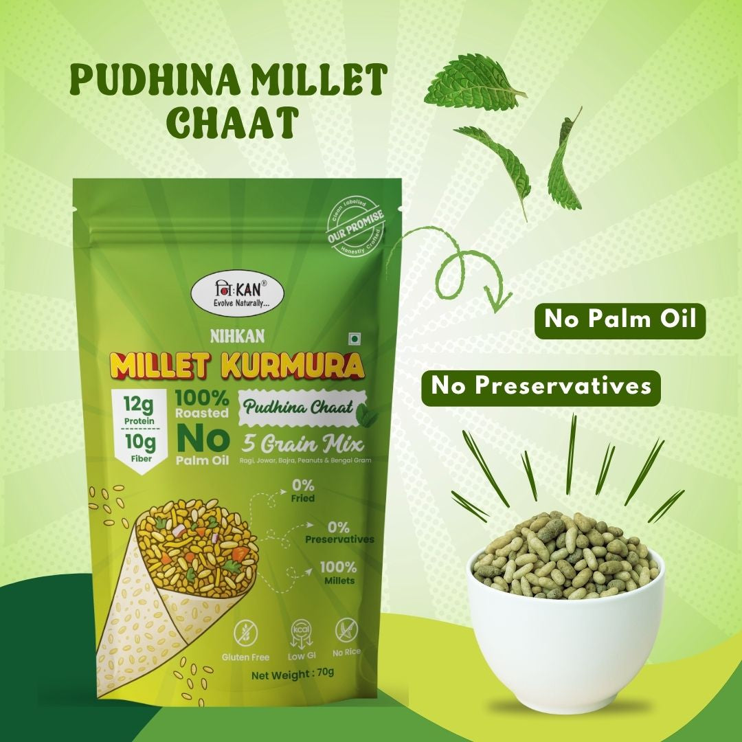 NIHKAN Millet Mix Kurmura Murmura - Pudhina Chaat | Gluten free high protein Snack - 70g