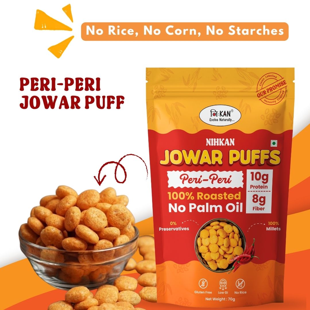 NIHKAN Jowar Puffs - Peri Peri - | Gluten free healthy Snack - 70g