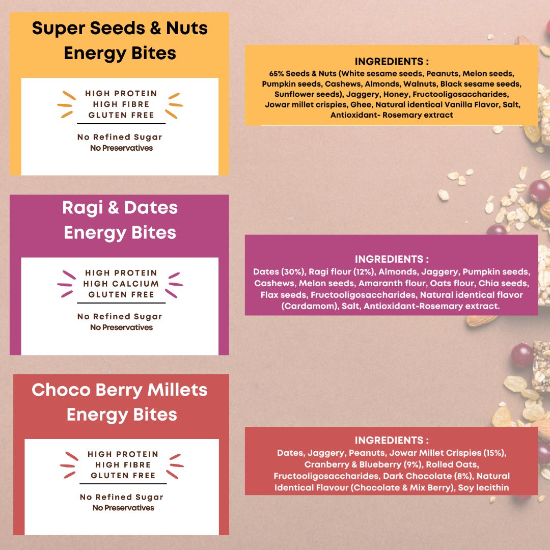 NIHKAN Combo Millets Energy Bites - Choco Berry Millets, Ragi Dates, Superseeds Nuts (Pack of 3)
