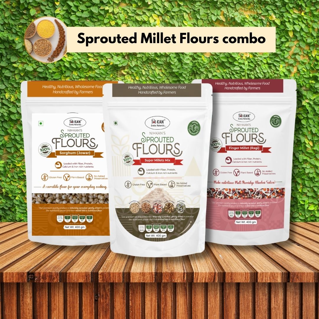 NIHKAN Sprouted Millet Flours Combo - Sprouted Ragi, Sprouted Jowar & Sprouted Mixed Millets - Sugar Control Atta - 400g each (Pack of 3)